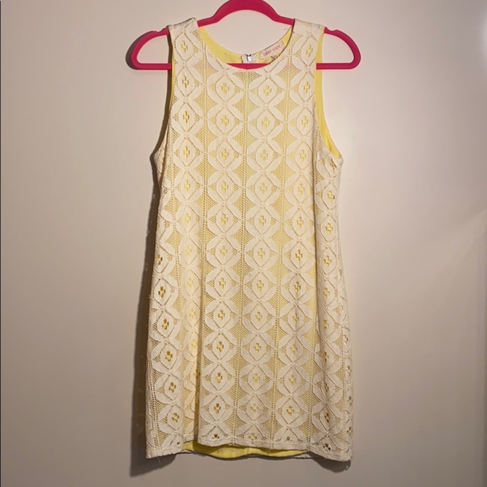 White lace/yellow shift dress